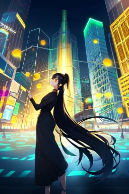 girl, masterpiece, best quality, cinematic lighting, detailed outfit, perfect eyes, black hair, golden eyes, long hair, ponytail, girl standing in a modern cityscape at night with a bright yellow moon in the background, detailed cityscape illustration, neon lights, vibrant colors, dramatic lighting,