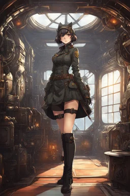 Anime girl dieselPunk, full body, background made engin room of the ship,