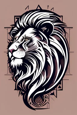 Fashion a geometric lion emblem for a music band, combining the lion's strength with the spirit of rock and roll. with light color background for t-shirt design