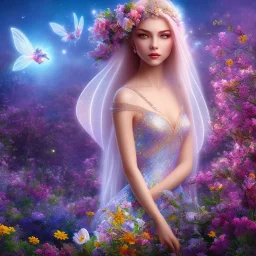 bright fairy, beautiful portrait, flowery landscape