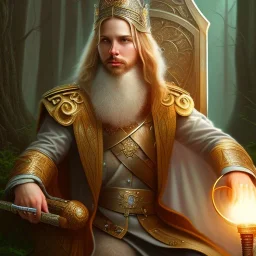 romantic fantasy spray painting, close up on blonde robed poet sitting on throne, loosing torch in magical forest with marble throne