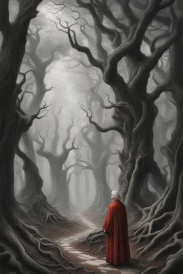 Dante in a red robe, Virgil in a white robe, people are trees in an eerie ancient forest, a huge number of trees, stones, roots coming out of the ground, a forest of human bodies, trees swallow people, branches intertwine with human bodies, which are a surreal mixture of doubts and fears , choosing the wrong path.