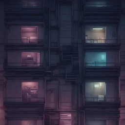 straight orthographic view of the flat side of a cyberpunk building at night photographic