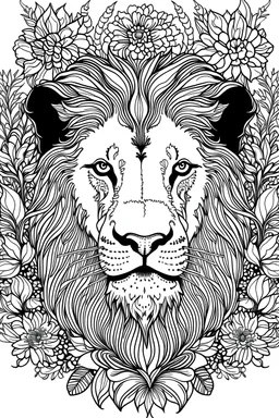 portrait of lion and background fill with flowers on white paper with black outline only