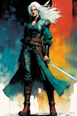 create an imaginative full body print illustration of an ethereal, otherworldly , ghost haired, female grandmaster Witcher in leather doublet and boots , in the comic book art style of Bill Sienkiewicz, Mike Mignola, and Jean Giraud Moebius, with highly detailed feminine facial features , finely drawn, colored and inked,