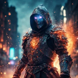 post-apocalyptic hooded marble knight covered with glowing crystals, fire particles in air, destroyed city, night, bright colors, glowing sparkle particles, dark tone, sharp focus, high contrast, 8k, incredible depth, depth of field, dramatic lighting, beautifully intricate details, clean environment, epic dynamic scene