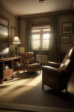 Photorealistic wide shot of an old woman's living room. Tidy and sparsely furnished with a well-loved leather recliner, sidetable and older tv. The recliner faces the tv. A small stool on wheels sits beside the tv. There is an open window with open drapes. The drapes appear to be hand sewn and tidy.