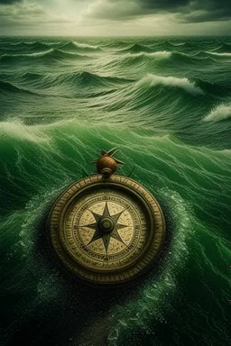 The compass is swimming and lost in a huge and real ocean and there was storm and written on it marwan moussa .add more quality