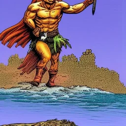 a landscape comic book panel of a barbarian warrior on a cliff overlooking the sea by Richard Corben