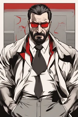 a muscular and angry man who looks like Hans Gruber wearing red glasses