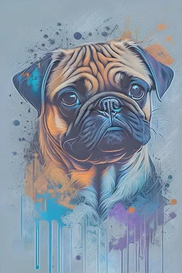 Abstract wet watercolour, portrait of a pug