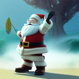 Santa standing of surfboard surfing a big wave, empty hands, beach, character design by cory loftis, fenghua zhong, ryohei hase, ismail inceoglu and ruan jia. unreal engine 5, artistic lighting, highly detailed, photorealistic, fantasy