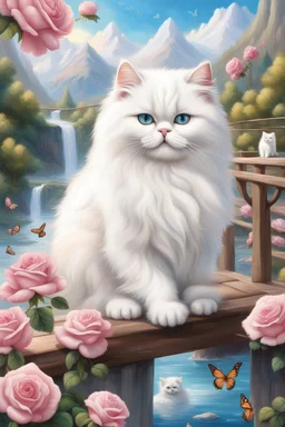 in the center: beautiful fat fluffy white persian cats with kittens, with green and blue eyes, sitting on a bridge, under the brigde flows a small blue river; background: landscape with dramatic mountains and white clouds, butterflys flying in the sky; first plan: pink roses;