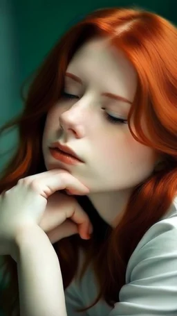 beautiful girl with red hair dreaming of a love world
