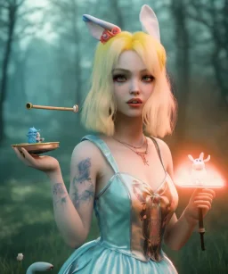 Ultra realistic wonderland photo, happy blonde Alice smoking a pipe, blue dress, white rabbit pet, circus dress style, old school tattoo, smoke, marijuana garden, glow eyes, perfect iris, soft color, highly detailed, unreal engine 5, ray tracing, RTX, lumen lighting, ultra detail, volumetric lighting, high definition.