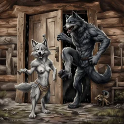 fantasy digital art of young anthro wolf kicked out of the house, she have gray hairy wolf body , paw, and wears just a short canvas rag around her waist , sadly face in the rain , behind her an tall angry anthro dark hairy wolf man and kicks her out the door with his foot, behind in rustic halb open door in an massive wooden house, deep colors, rainy day, detailed, anthropomorphic creatures, fantasy, sci-fi mood