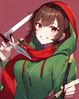 Short brown hair, green hooded blouse, red scarf, dark reddish background reminiscent of blood, holds a knife and smiles madly, and has red eyes that glow in the darkShort brown hair, green hooded blouse, red scarf, dark reddish background reminiscent of blood, holds a knife and smiles madly, and has red eyes that glow in the dark