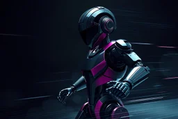 A hyper-realistic 3D Dynamic motion, intense jet black, pure black, deep shadows. A dazzling magenta droid mechanic, sleek metallic body, precise joints. Digital painting, futuristic robot, blurred lines, action poses