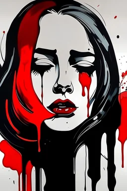 abstract black painting pretty woman sad face, red tear, make it as a sticker