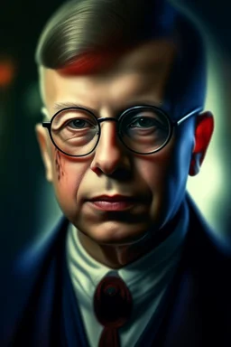 oil painting of vampire portrait with thick glasses in spotlight feeling in control, zeiss prime lens, bokeh like f/0.8, tilt-shift lens 8k, high detail, smooth render, down-light, unreal engine, prize winning