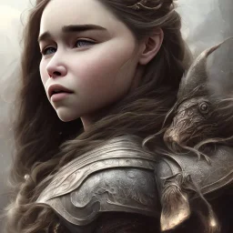 only perfect emilia clarke face, wearing dragon armor. fly hair, viking, village, highly realistic, highly detailed, mist around, smoke, particles, fog