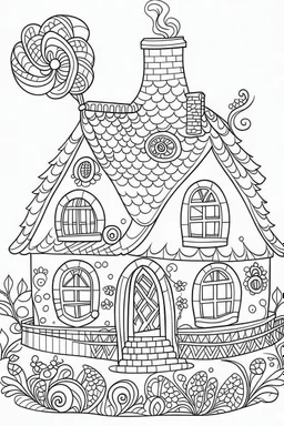 coloring page for kids, , cartoon style, thick outline, low details, no shading, no color, Decorated gingerbread house..