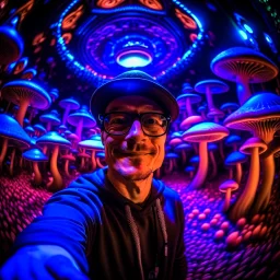 AI selfie in dark fluorescent mushroom concert hall , photo-realistic, shot on Hasselblad h6d-400c, zeiss prime lens, bokeh like f/0.8, tilt-shift lens 8k, high detail, smooth render, down-light, unreal engine, downlight