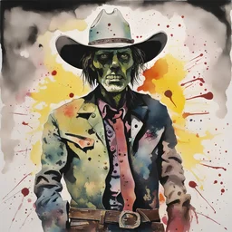 Diffused Cowboy Zombie portrait, rough watercolor blotch mosaic, expressionism, by Jonathan Meese, pentimento, dark background, ink splatter, depiction of light in in its changing qualities,