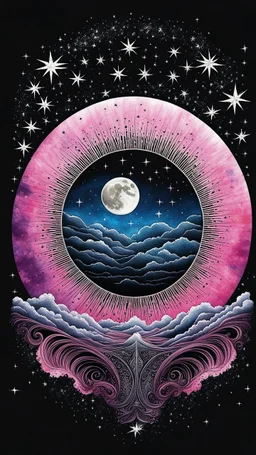 Moon dreams, Pink Floyd tye-dyed colored half-moon half-sun on a dark background, with tiny stars, trippy, beautifully lit, insanely detailed, best quality