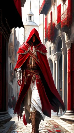 Assassin creed con dagas y espadas detalles en los pantalones en el pecho y en las botas caminando por Venezia capa pintura al óleo estilo renacentista hiperdetallado detalles intrincados obra de art vista frontale blanco rojo 8k