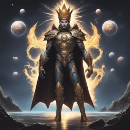 A divine being made from the combination of water and sun with cosmic powers and Dracula God-like man with infinite power who owns the galaxies and wears a beautiful crown A battle suit made of galaxies and stars with a glove that has seven endless stones