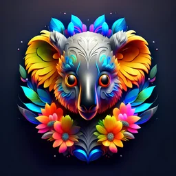 logo design, complex, trippy, bunchy, 3d lighting, 3d, koala, realistic head, colorful, floral, flowers, cut out, modern, symmetrical, center, abstract