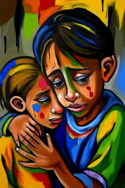 a girl hug her brother and both crying sadly, expressionism, Pixar style, in abstract art Basquiat, Picasso, Miro, Kandinsky, Klee, Birell, Fairey, Ardon, Buffet aand Picasso style, HD --s 750 --v 5.1 --style raw, water color