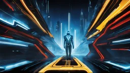 tron legacy movie, programs, space ships, city of the future, yellow, blue, red