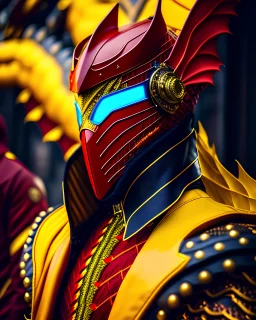 Dragonman futurista, hombre con antifaz, detalles intrincados, botas, color rojo y amarillo, 8k