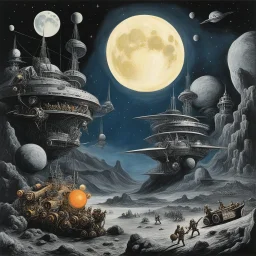 [art by Otto Dix] space pirates land on a rebel moon to hide their contraband cargo picture is in a retro futurist style / Retrofuturism: Where Yesterday’s Tomorrow Still Shines Retrofuturism is a whimsical collision of past and future—a design philosophy that resurrects the utopian tech fantasies of bygone eras (think 1920s–1970s) and splashes them across sci-fi landscapes.