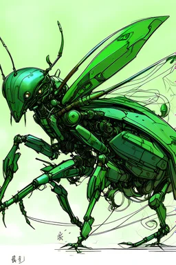 a drawing of a bug with a gun, concept art, by Yoshihiko Wada, digital art, green skinned, anime robotic mixed with organic, krenz cushart and asher duran, verdigris, that has the form of a dragonfly, pterodactyl mecha, moebius style, character design humanoid, scarab