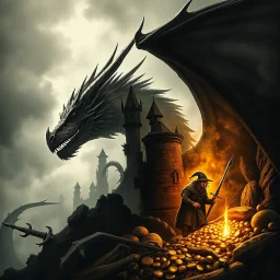 Double exposure of a profile of a Dragon overlayed with a dramatic fantastical sword and sorcery dragon's hoard with a Hobbit thief greedily eyeing the gold and jewels. The image fuses two scenes together, giving it a surreal, profound, and dark fantasy aesthetic. The movie poster quality art is highly detailed and drawn in a style reminiscent of modern dark fantasy compositions. It is meant to evoke a sense of awe and spark the viewer's imagination. Tolkien Middle Earth universe. dark negative