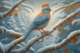 an extraordinarily beautiful fantasy jay in a knitted hat with a long fluffy curly, lacy tail and a delicate orange tuft, sits on a snowy branch of a spruce tree, looks random, all shades of satin from white to a delicate red tone shimmer, soft lighting, fractal animal art, art botanic, filigree, fine drawing of small details with gold ink, grunge, watercolor, sunlight from behind, 64k, fantasy, 3d