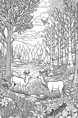 outline art for landscapes coloring pages for adults with forest with animals, white background, Sketch styl, only use outline. Mandala style, clean line art, no shadows and clear and well outlined, Intricate Patterns and Details