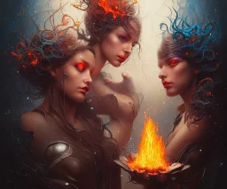 Four doll divine representing each one the four elements: Fire: Earth: Air: Water. Mark Brooks and Dan Mumford, comic book art, perfect, smooth elemental galactic space core. Detailed photograph, WLOP, Unreal Engine 5 volumetric lighting Insanely intricate face hair lashes hyper detailed painting by Ismail Inceoglu Huang Guangjian and Dan Witz Central fantasy art album cover art resolution HD