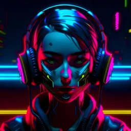 front face, girl, headphones, neon, mouth mask, cyberpunk