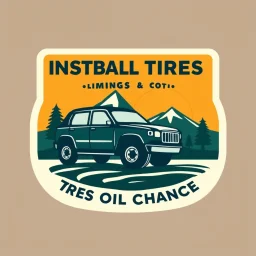 logo for a shop that installs tires and does oil changes, inside a shield shape with squared top and rounded bottom, in the style of national parks stickers