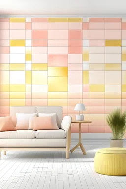 Create handpainted wall mural with neatly arranged squares in a pastel gradient of buttercream yellow, pale coral, and sky gray, evoking a sense of serenity."