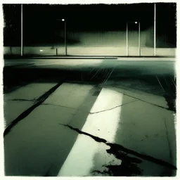 Minimal abstract oil paintings of a desolate 1960s carpark. Illuminated by a spotlights. On the floor are concrete fragments and road markings . In the dark mysterious style of Justin Mortimer and Francis Bacon.