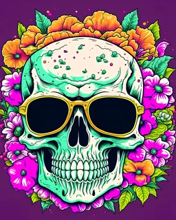 A detailed illustration a Dead Skull wearing trendy sunglasses, t-shirt design, flowers splash, t-shirt design, in the style of Studio Ghibli, pastel tetradic colors, 3D vector art, cute and quirky, fantasy art, watercolor effect, bokeh, Adobe Illustrator, hand-drawn, digital painting, low-poly, soft lighting, bird's-eye view, isometric style, retro aesthetic, focused on the character, 4K resolution, photorealistic rendering, using Cinema 4D