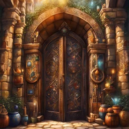 Massive stone door with lots of details and magical symbols that is the entrance to a hidden magical market. Harry Potter. Magical. Epic. Dramatic, highly detailed, digital painting, masterpiece