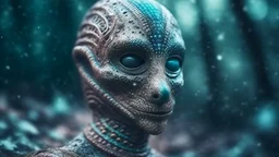 retrato en primer plano de Figura ceremonial enmascarada Piel alienígena cubierta de polvo cósmico Peinado algorítmico Fondo de bosque boreal desenfocado Arte psicodélico