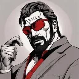 a young man with big muscles who looks like hans gruber wearing a turtleneck and red sunglasses staring with an angry look on his face