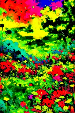 A field of colorful flower, the return to innocence, abstract, weird, childlike, chaos80, colors splash